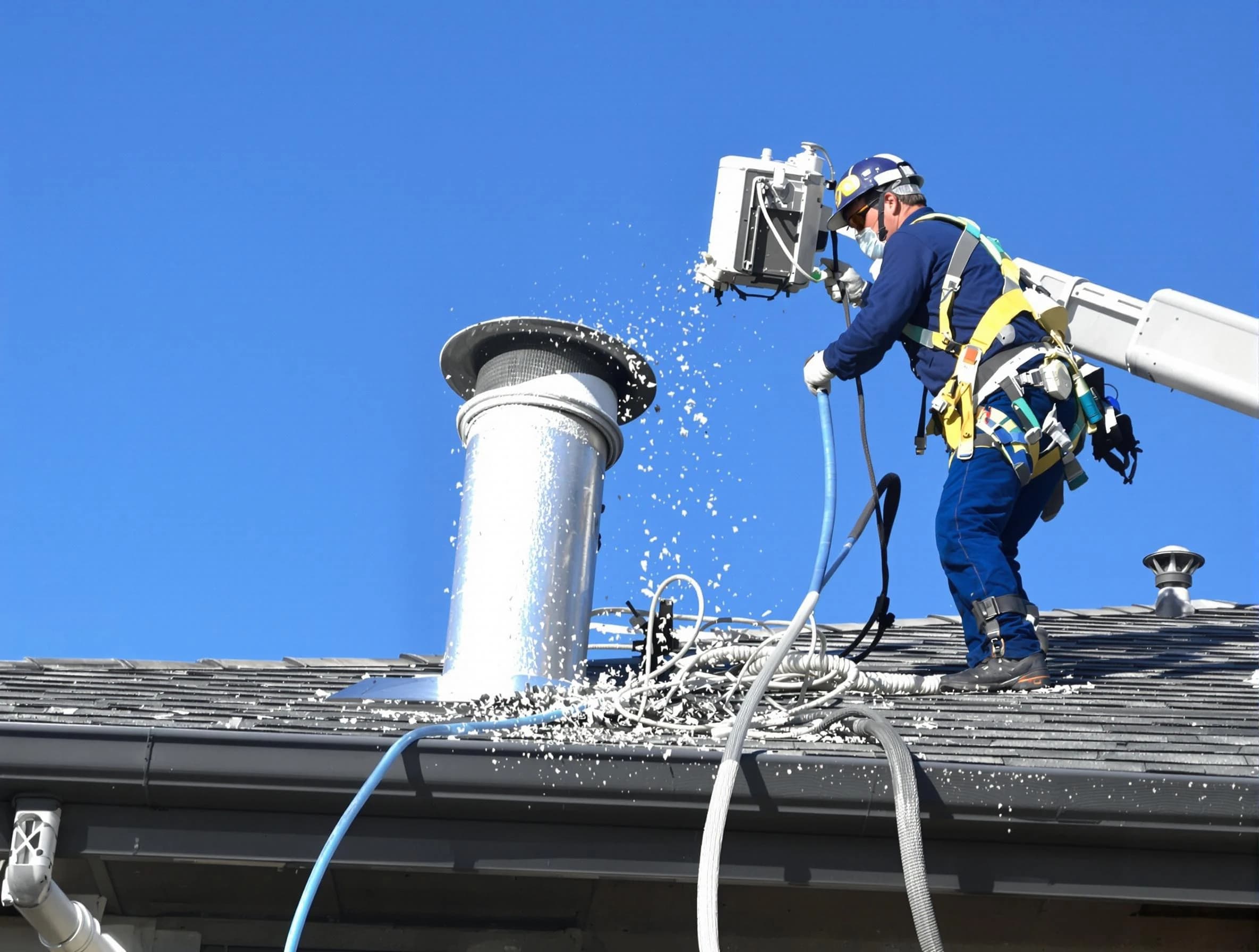 Niwot Dryer Vent Cleaning certified technician safely cleaning a roof-mounted dryer vent in Niwot